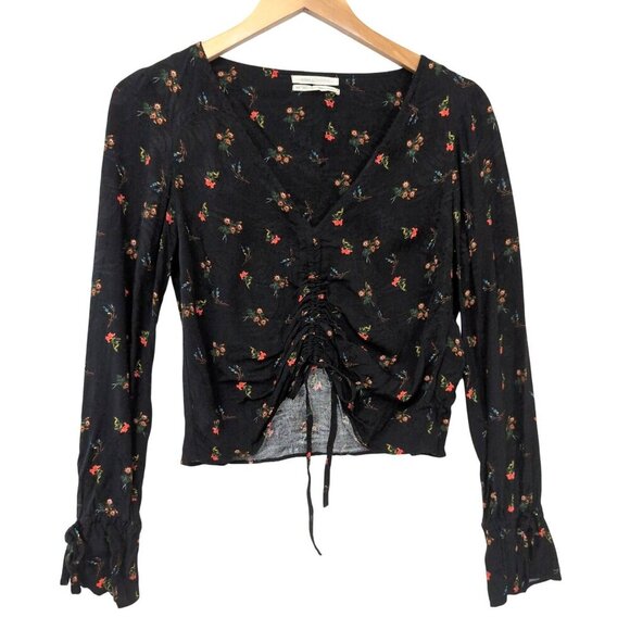 Urban Outfitters Deep V Cinched Floral Shirt Womens S Black Long Sleeve Romantic - Picture 2 of 9